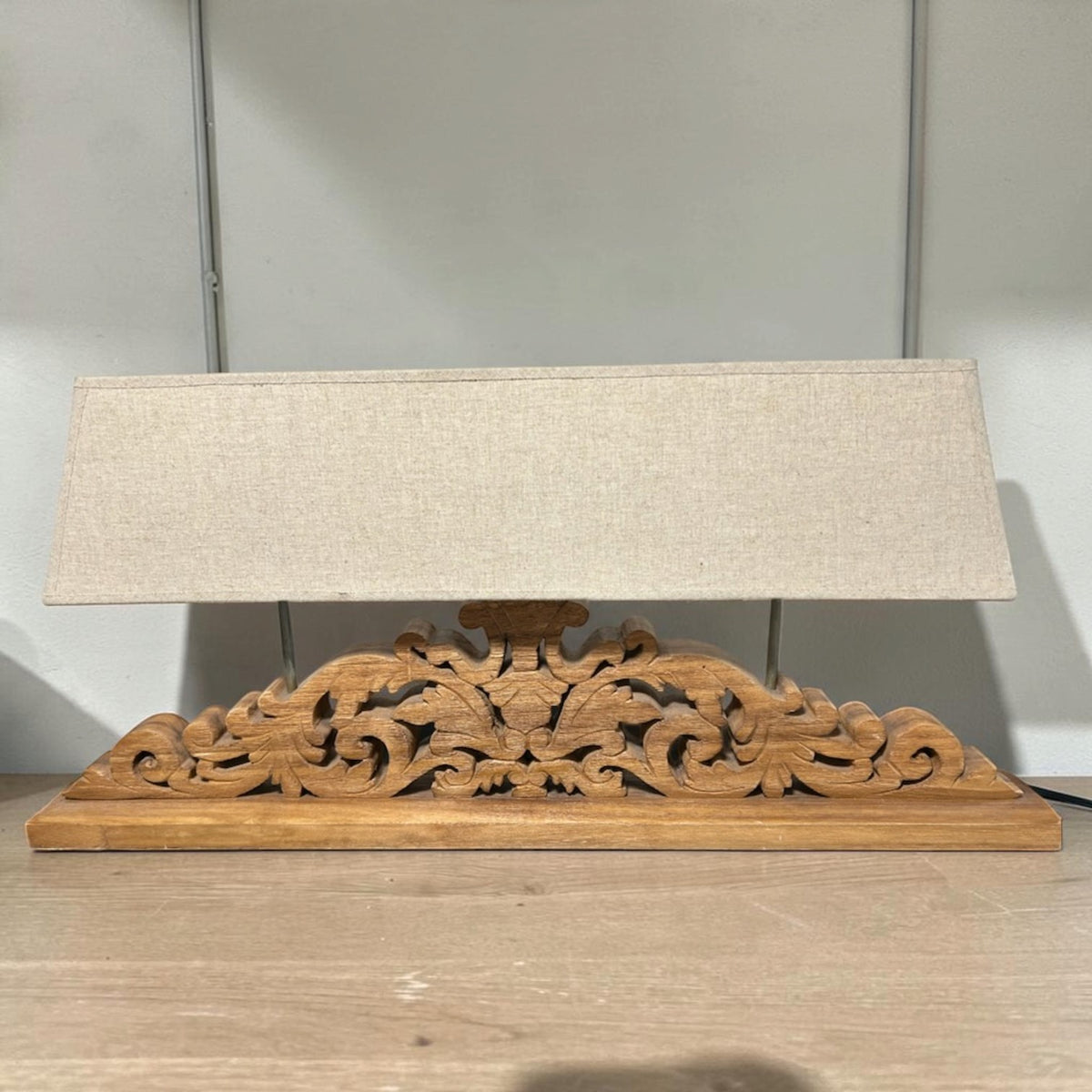 Ornate Carved Wood Table Lamp with Wide Rectangular Shade