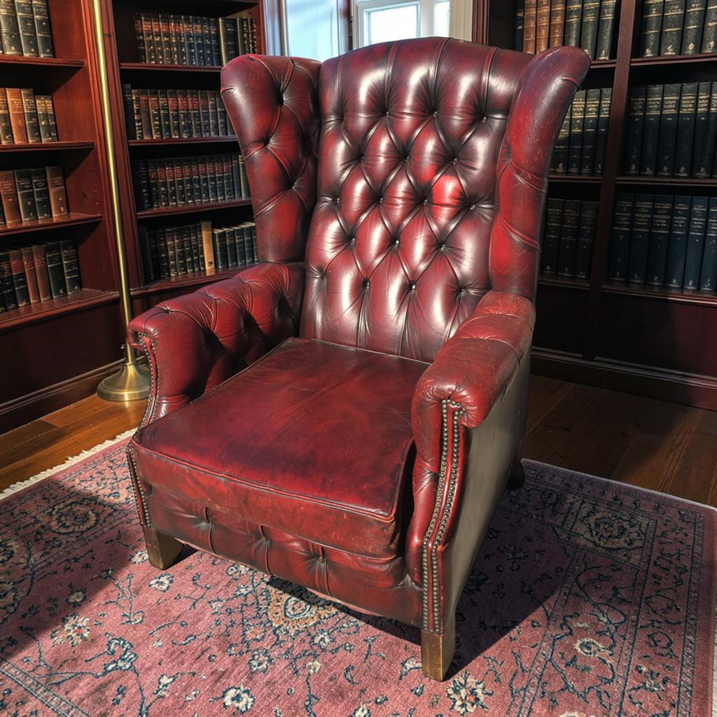 Oxblood Red Leather Chesterfield Wingback Armchair (Dimensions: 101x90x75)