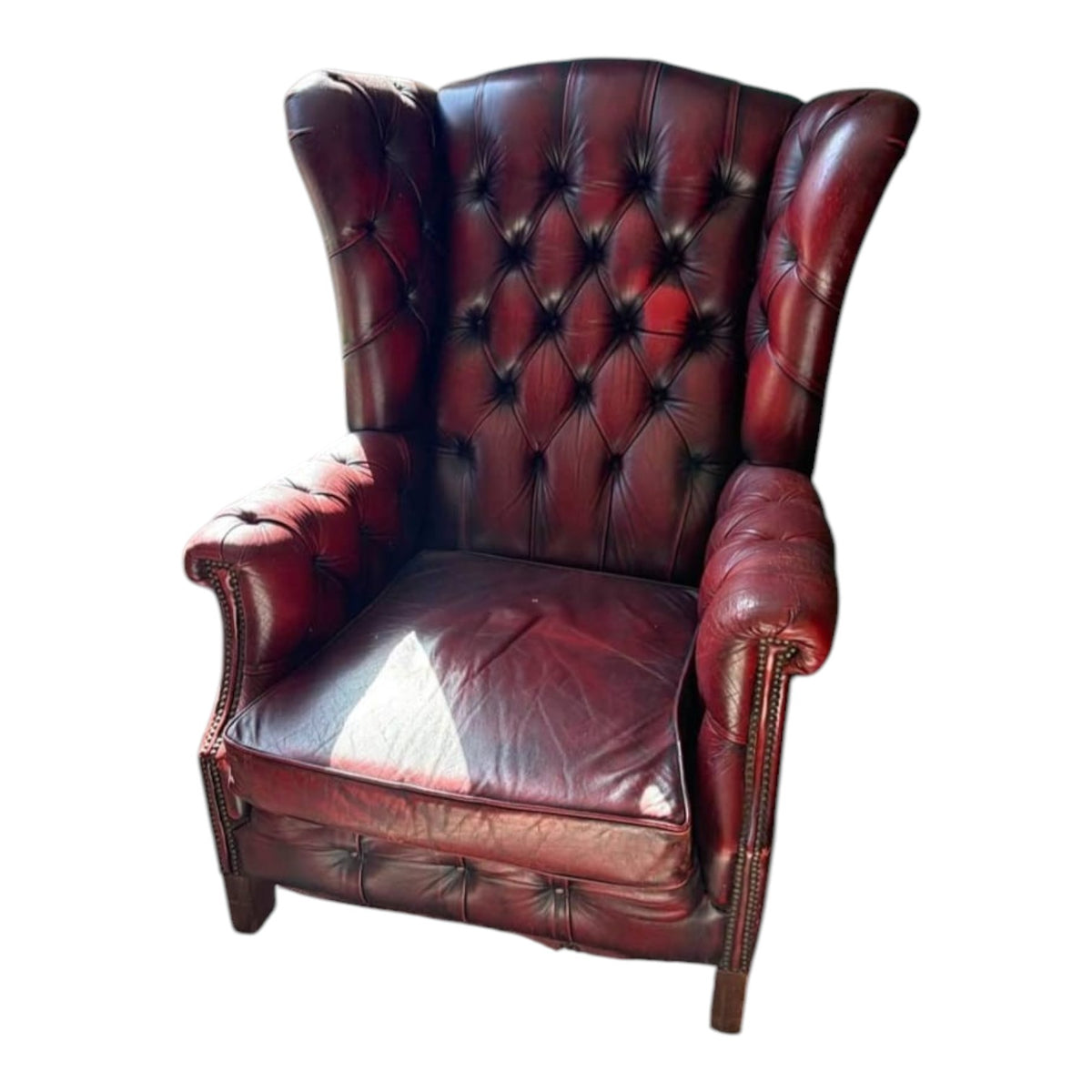 Oxblood Red Leather Chesterfield Wingback Armchair (Dimensions: 101x90x75)