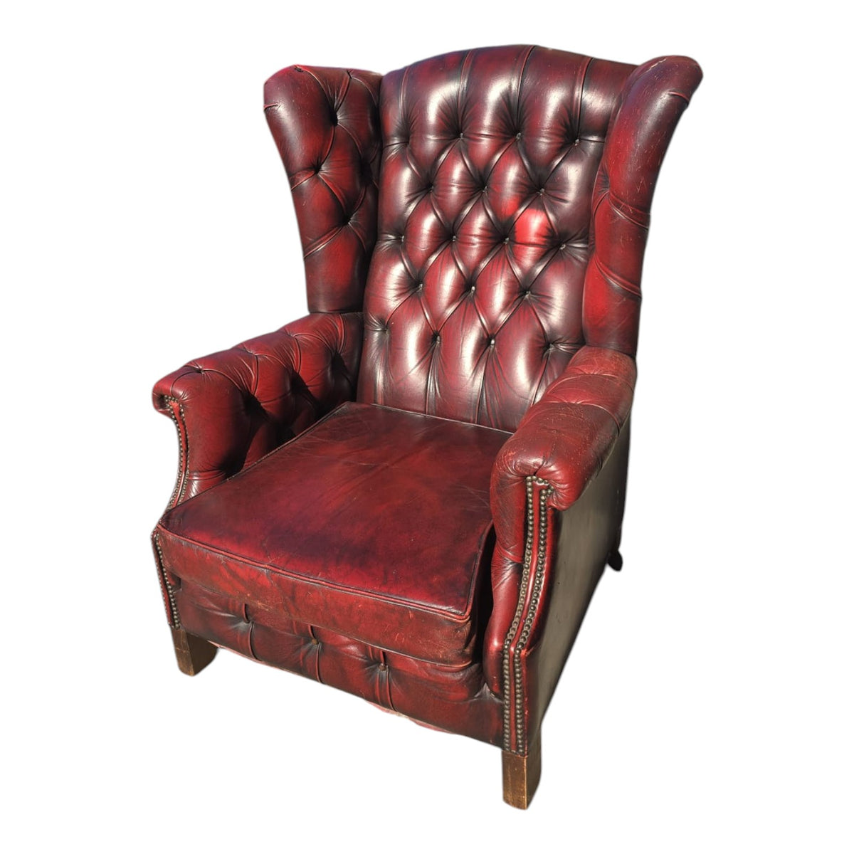 Oxblood Red Leather Chesterfield Wingback Armchair (Dimensions: 101x90x75)