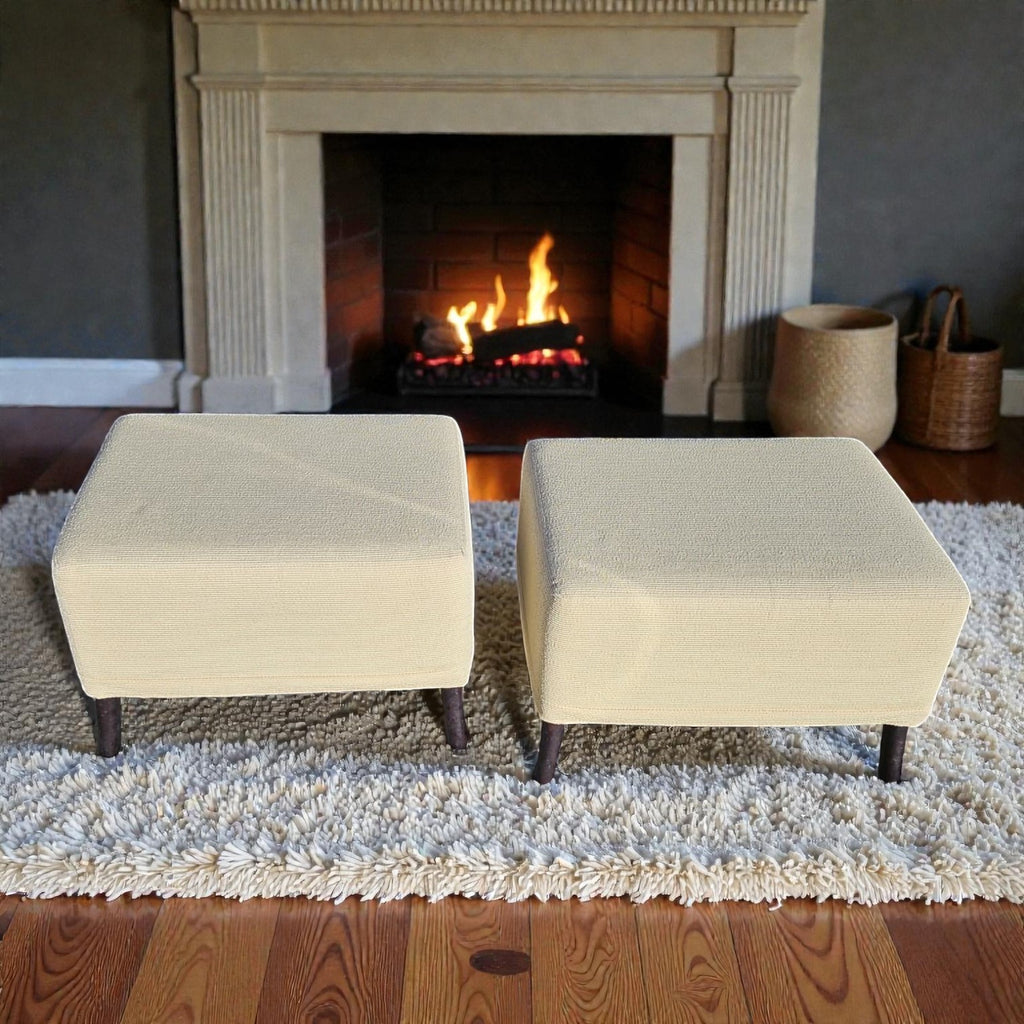 Pair Of Square Fabric Ottomans - Cream Colored ($75 Each)(Dimensions: 36x46x47)