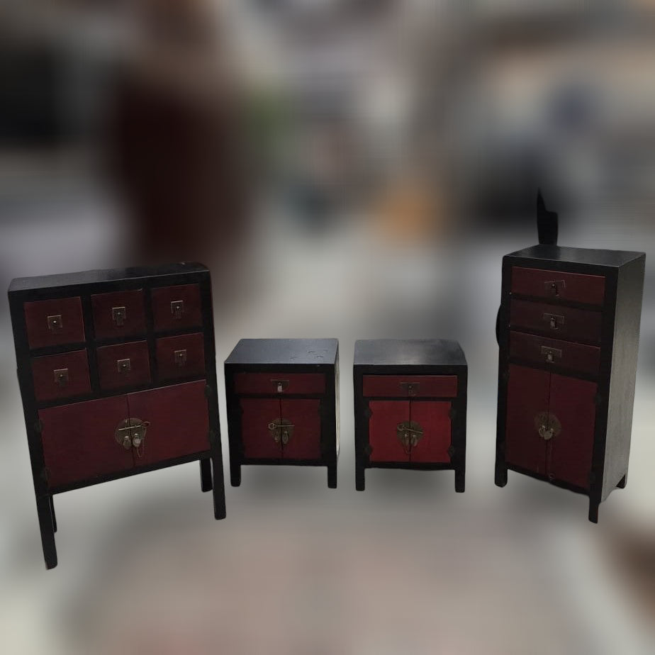 Red And Black Lacquered Chinese-style Furniture Set