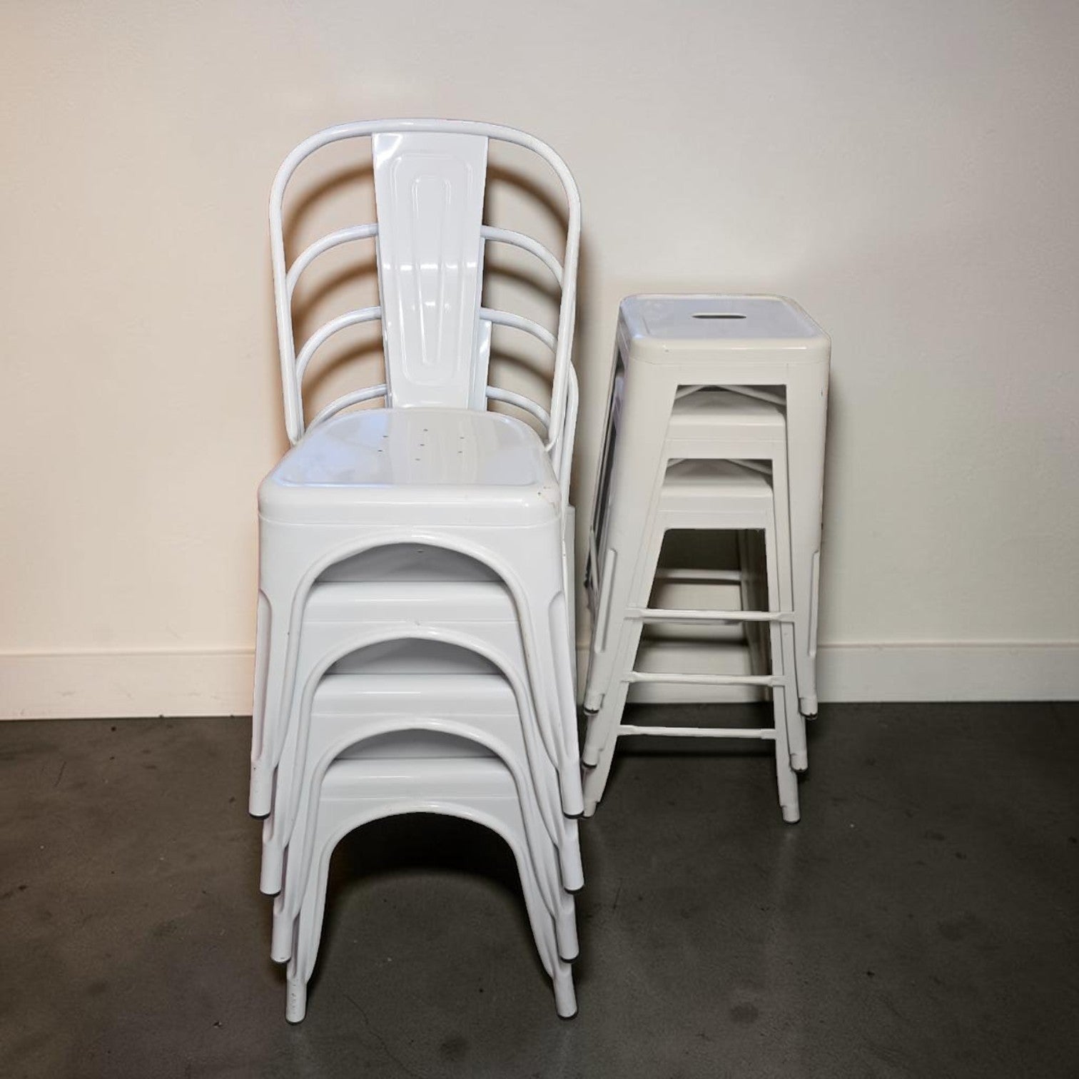 Replica Tolix Chairs x4 And Stools x3 In A White Finish (Priced Each)