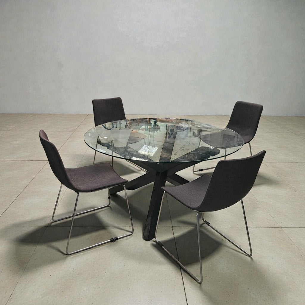 Round Glass Dining Table With Timber Leg & X4 Black Chairs (Dimensions: 75x140)