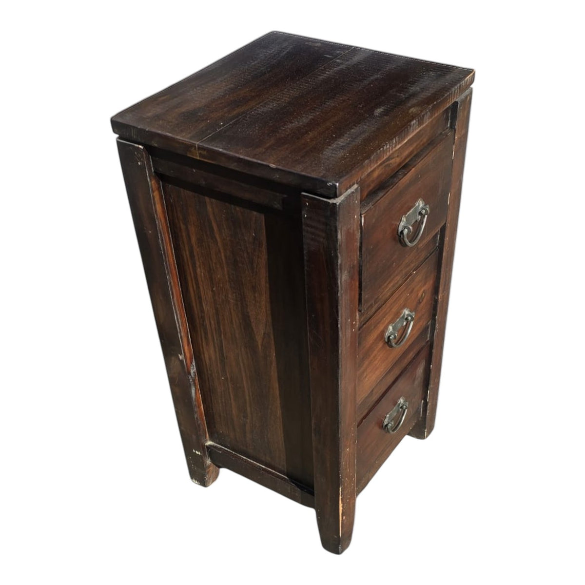 Rustic Dark Wooden Three-drawer Bedside Cabinet (Dimensions: 65x33.5x31)