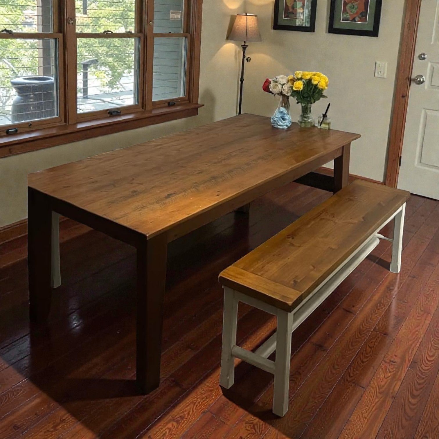 Rustic Farmhouse Table Set With Two Matching Benches