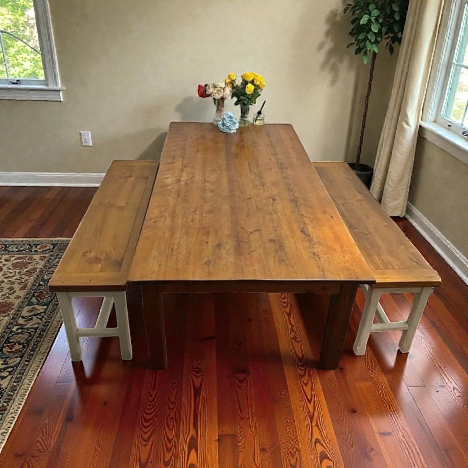 Rustic Farmhouse Table Set With Two Matching Benches