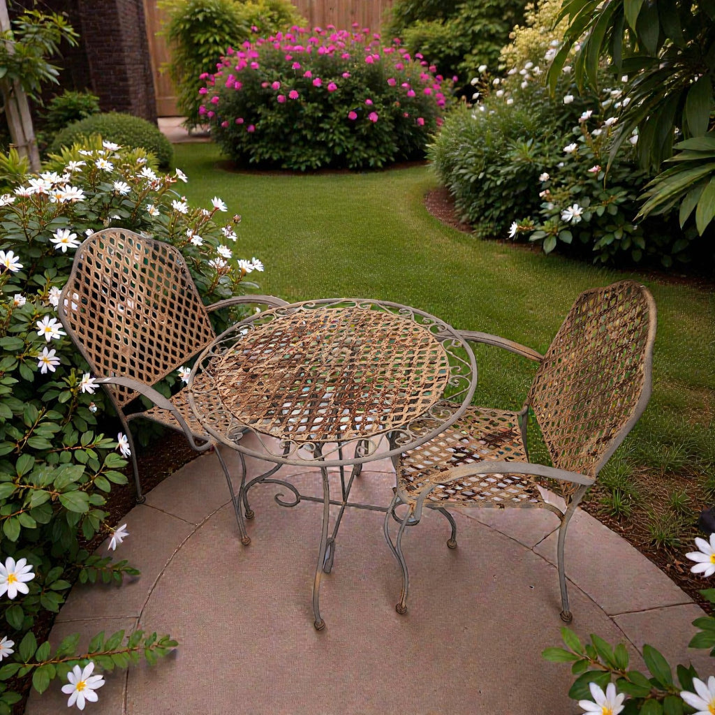 Set Of Two Wrought Iron Chairs And A Matching Bistro Table (Dimensions: 73 X 79 X 79)