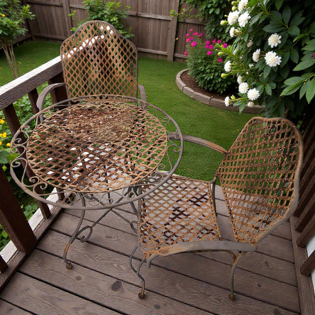 Set Of Two Wrought Iron Chairs And A Matching Bistro Table (Dimensions: 73 X 79 X 79)