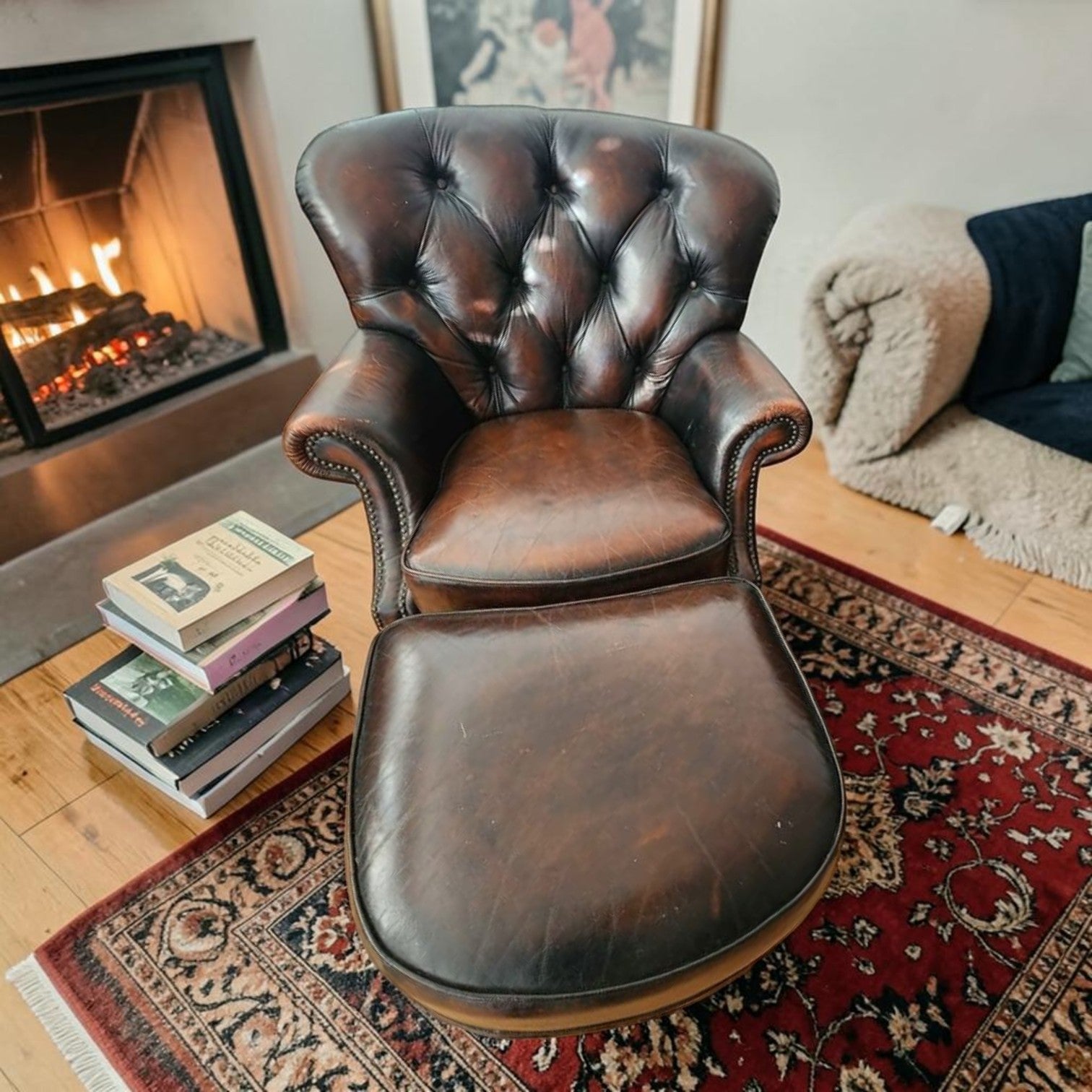 Tufted Cigar Leather Wingback Writer's Chair With Ottoman