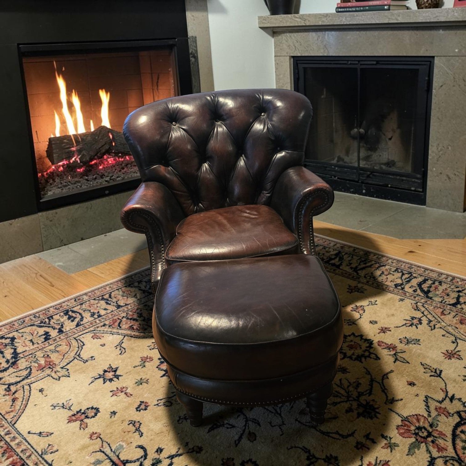 Tufted Cigar Leather Wingback Writer's Chair With Ottoman