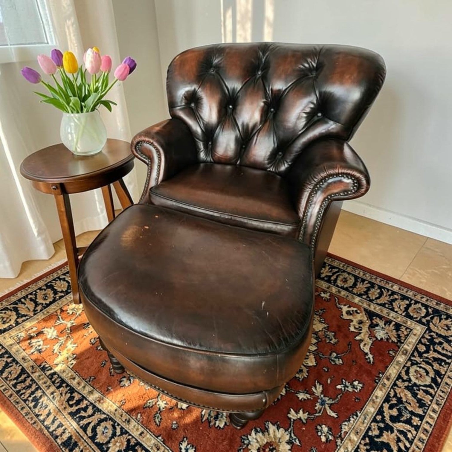 Tufted Cigar Leather Wingback Writer's Chair With Ottoman
