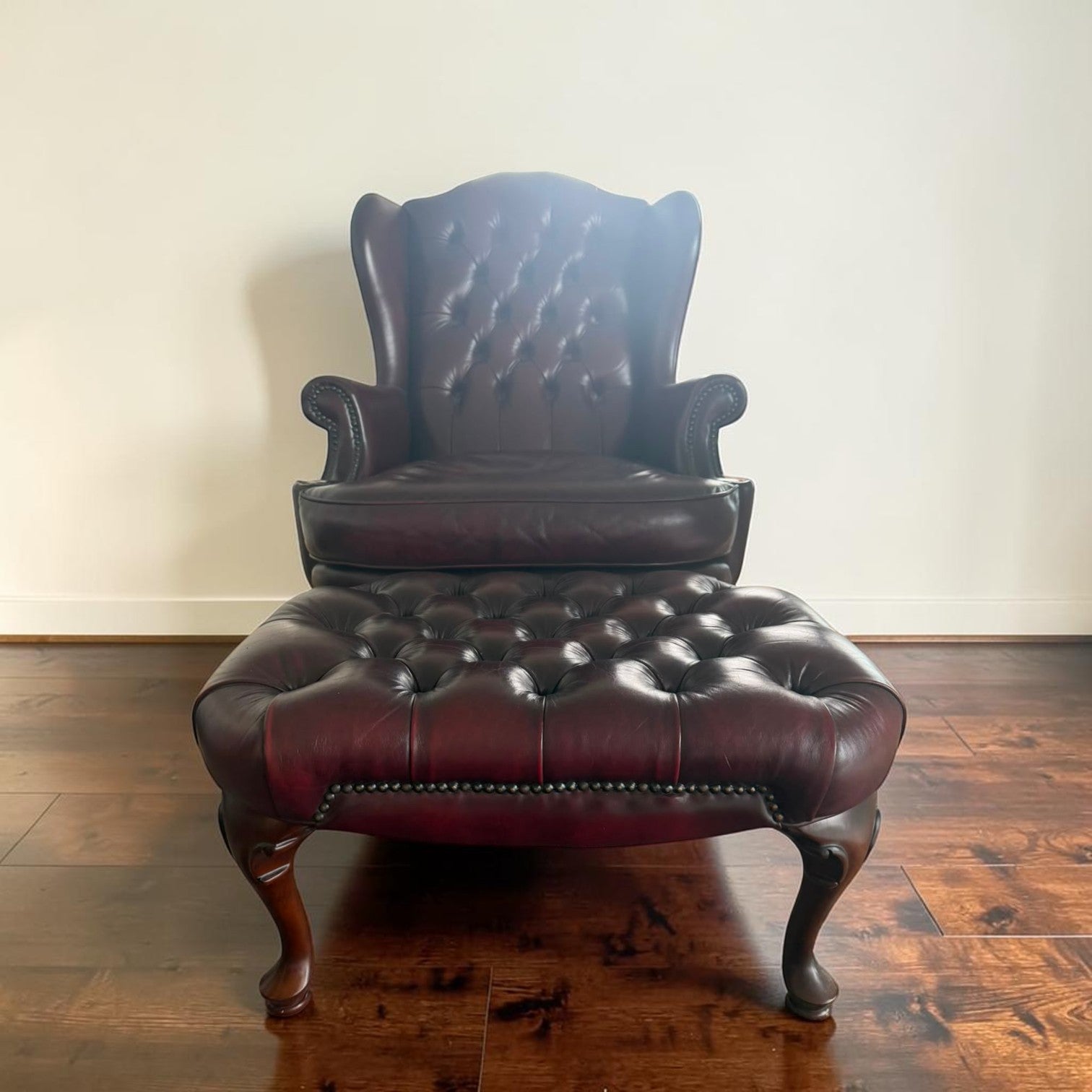 Vintage Chesterfield Wingback Armchair And Footstool ($1300 Each)