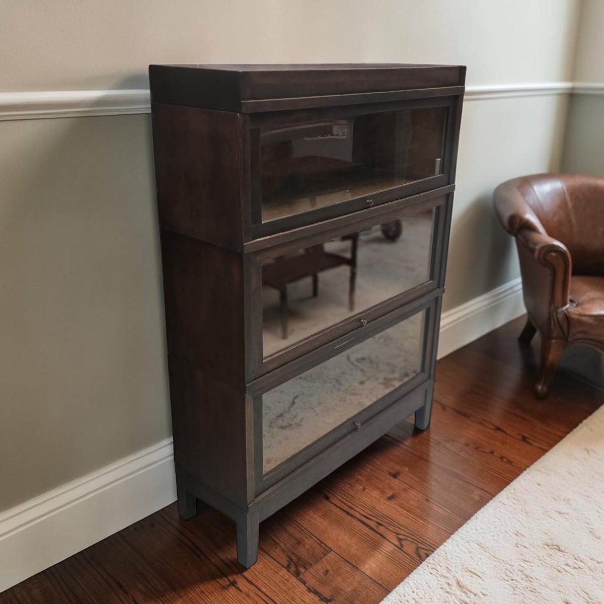 Vintage Dark Wood Three-Stack Barrister Bookcase - Lawyers Cabinet