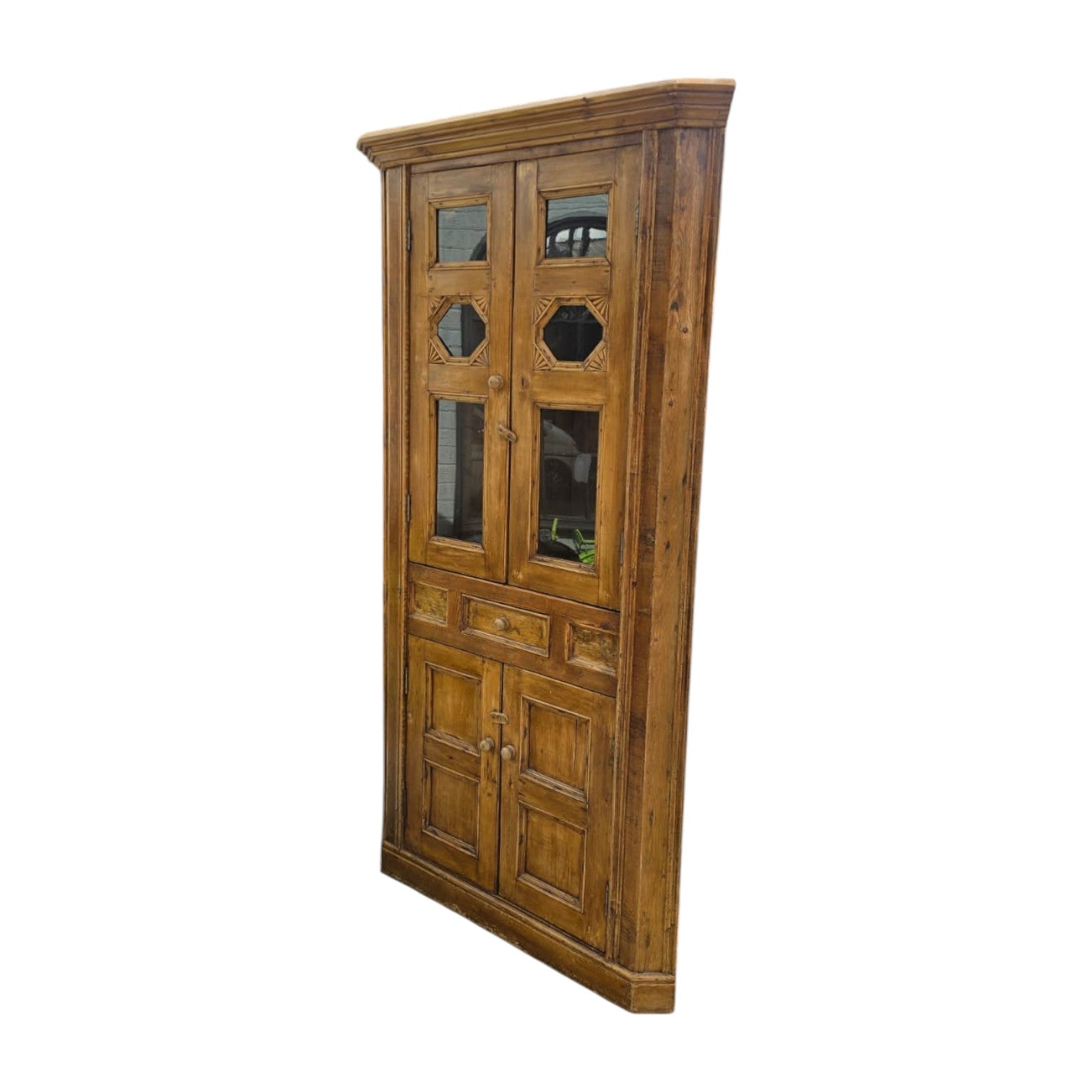 Vintage Style Rustic Wooden Corner Display Cabinet (Dimensions: 210x104x69)