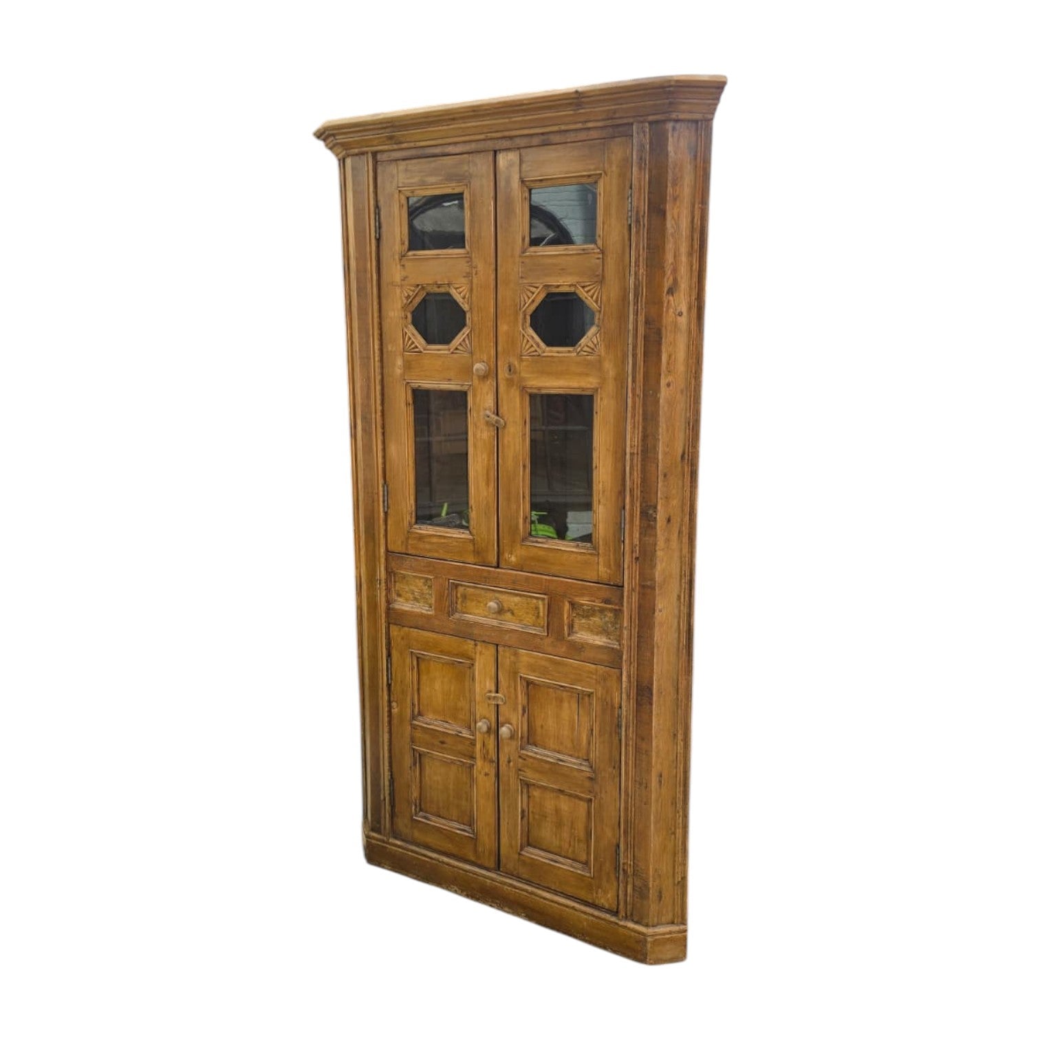 Vintage Style Rustic Wooden Corner Display Cabinet (Dimensions: 210x104x69)