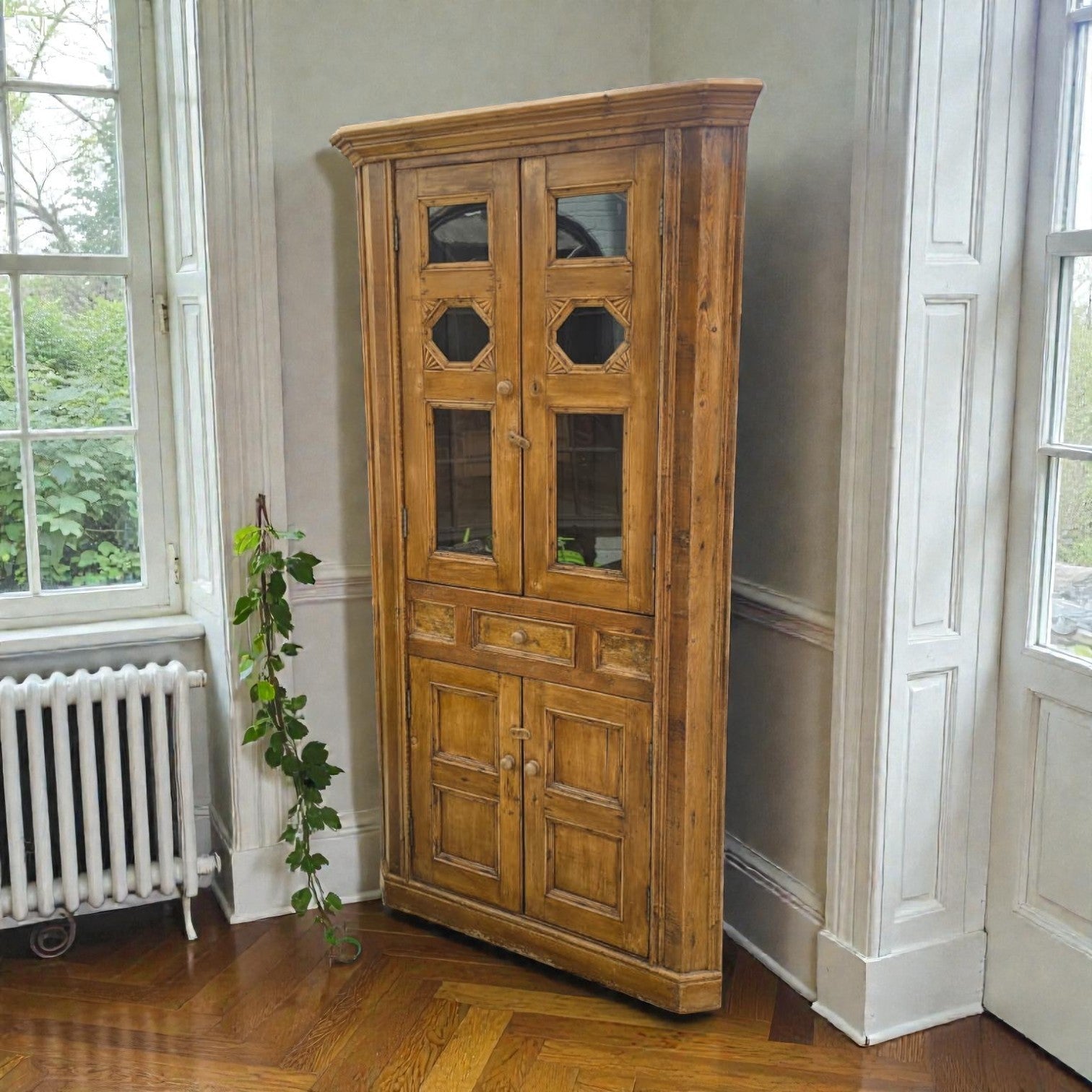 Vintage Style Rustic Wooden Corner Display Cabinet (Dimensions: 210x104x69)