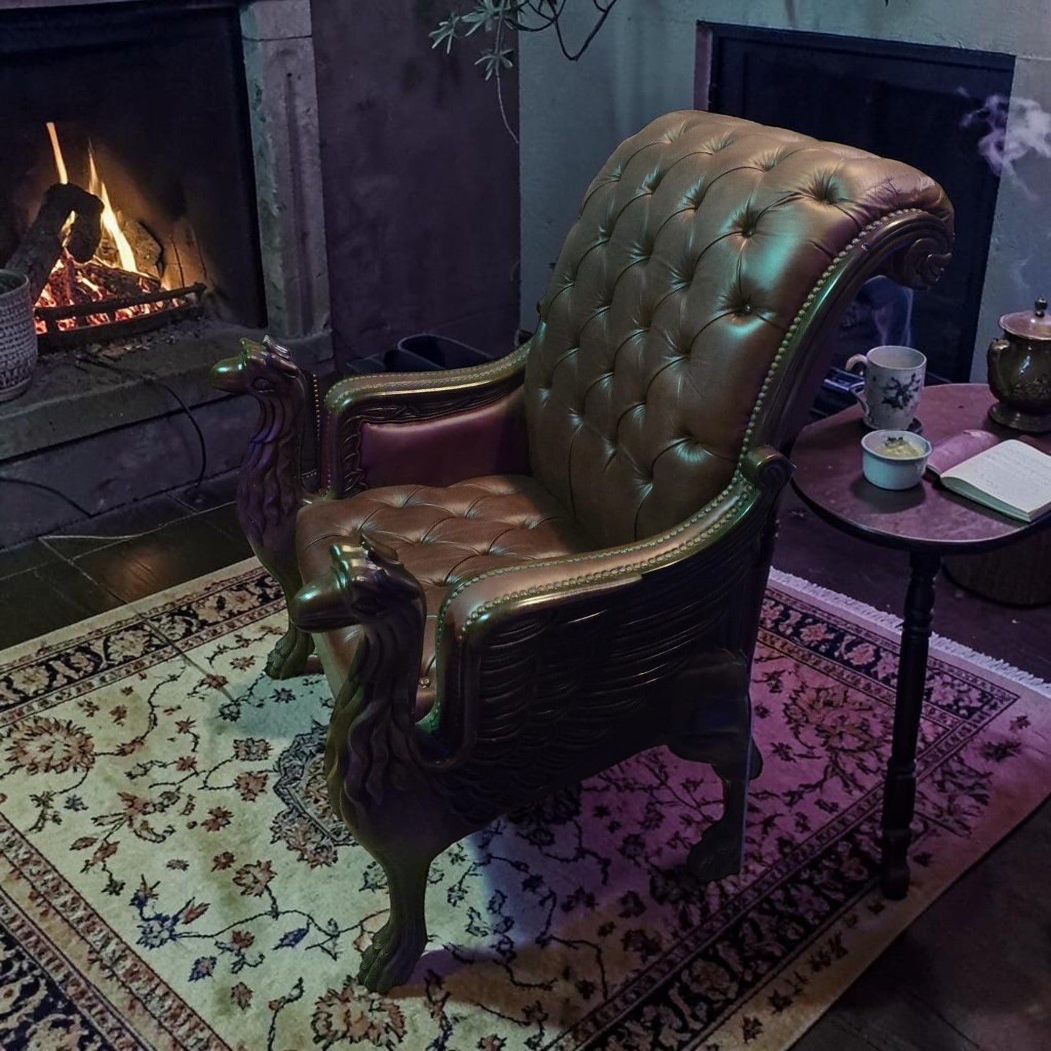 Burgundy Leather Armchair With Carved Wood Dragon-shaped Arms