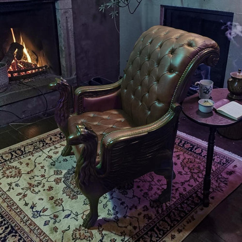 Burgundy Leather Armchair With Carved Wood Dragon-shaped Arms