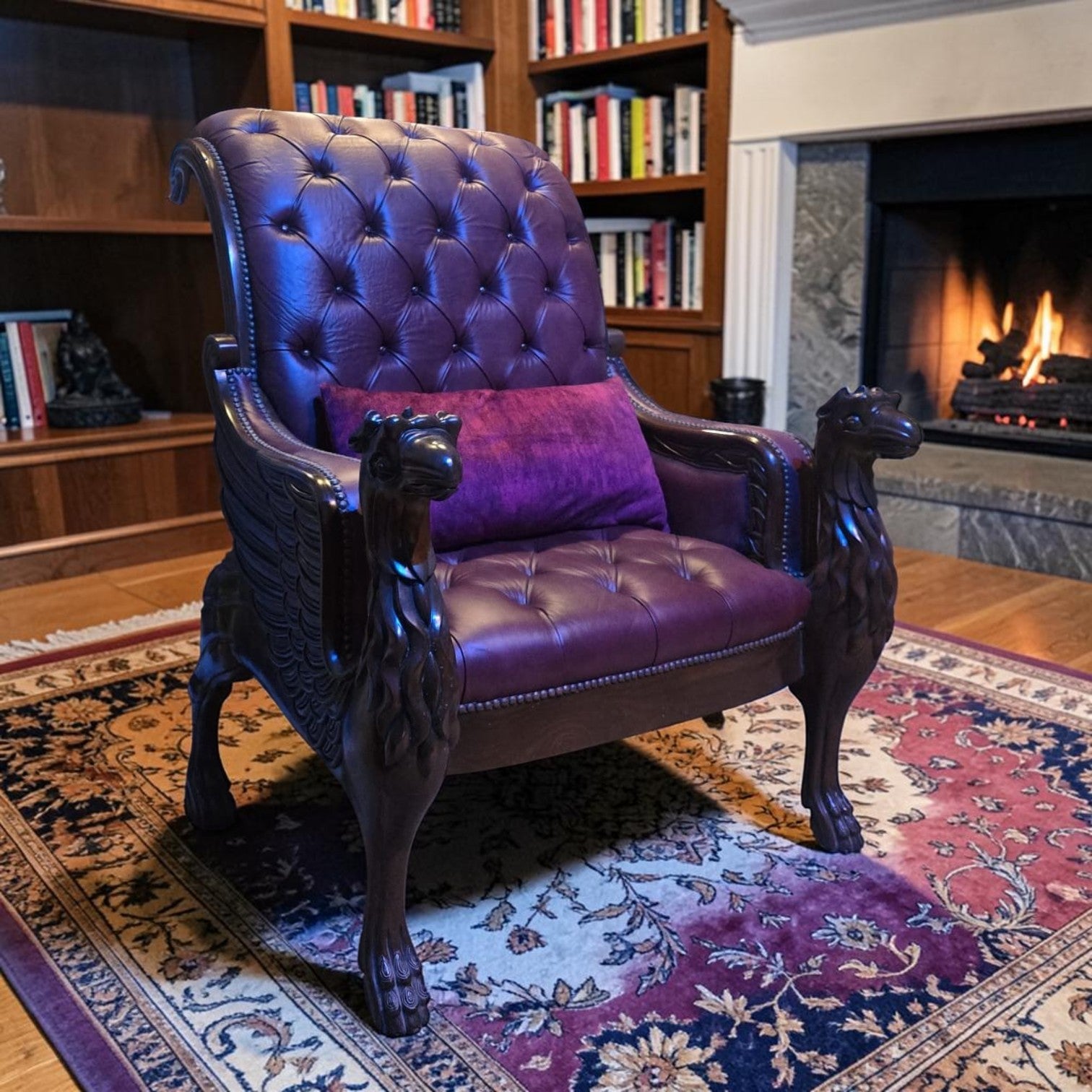 Burgundy Leather Armchair With Carved Wood Dragon-shaped Arms