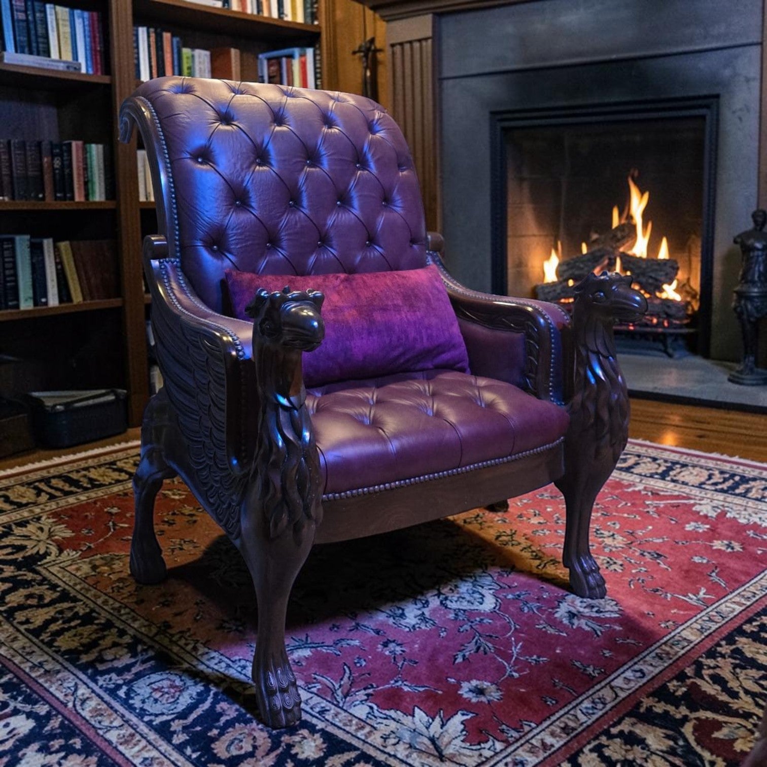 Burgundy Leather Armchair With Carved Wood Dragon-shaped Arms