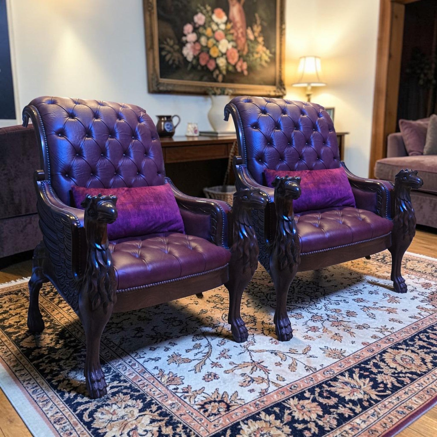 Burgundy Leather Armchair With Carved Wood Dragon-shaped Arms