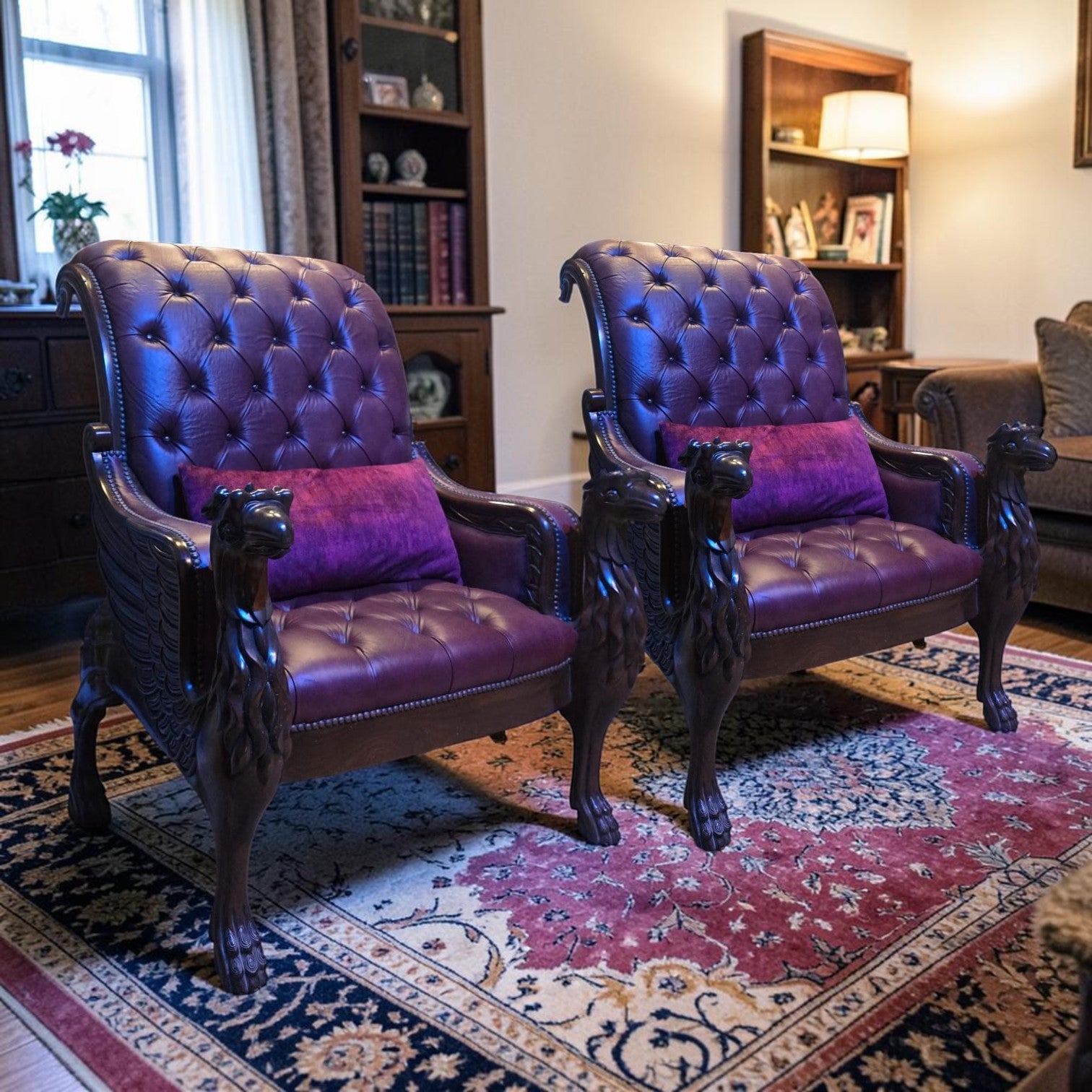Burgundy Leather Armchair With Carved Wood Dragon-shaped Arms