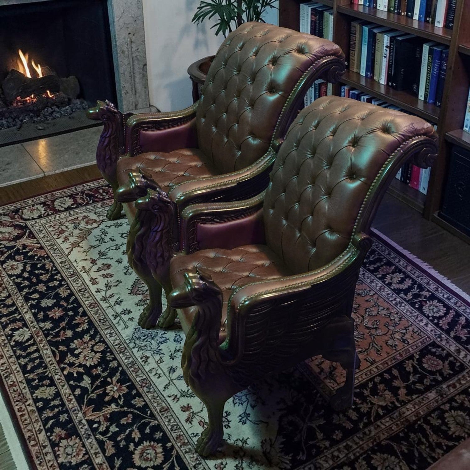 Burgundy Leather Armchair With Carved Wood Dragon-shaped Arms