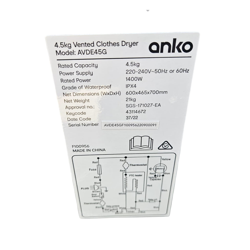 White Anko 4.5kg Vented Clothes Dryer (Model: Avde45g)