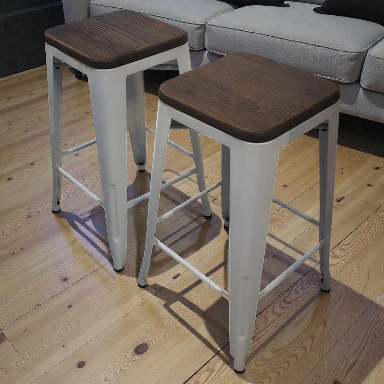 White Metal Bar Stools With A Dark Wood Seat x2 (Priced Each)