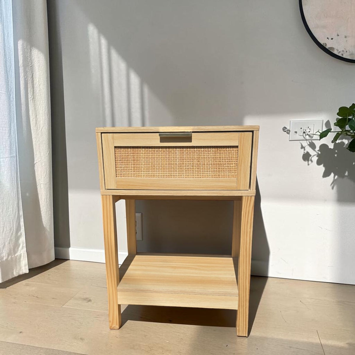 Woven Rattan Drawer Panel Light Wood Bedside Table (Dimensions: 57x40x29.5)